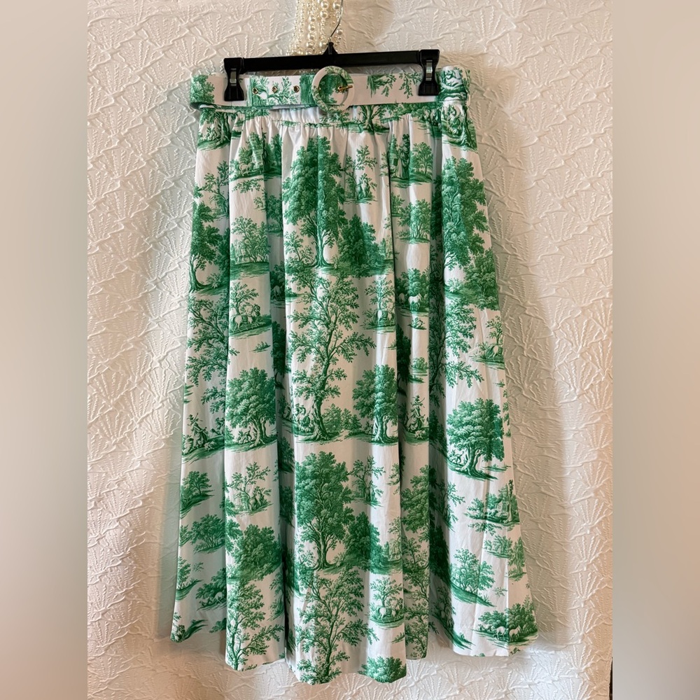 PRICE ⬇️ Green Toile Print Midi Skirt with Matching Belt - Picture 4 of 5